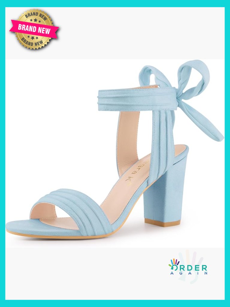 Chunky Heel Sandals Open Toe Ankle Tie Back Padded Insole Faux Suede Dressy